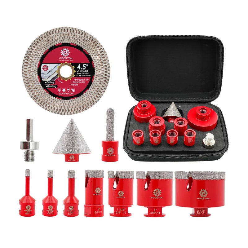 FOCSTOL Diamond Core Drill Bit Set - 11pcs (6/8/10/25/35/50/65mm+10mm Finger Milling Bit+50mm Beveling Chamfer Bit+Hex+4.5'' Saw Blade) Hole Saw Kit for Porcelain Ceramic Tile Marble Granite - Image 1
